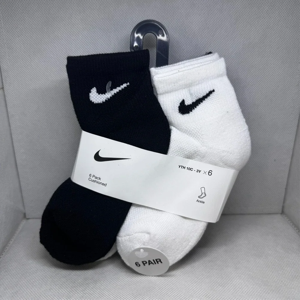Nike Everyday Cushioned Ankle Socks 6 Pack Black White Grey Kids XS 10C-3Y NEW